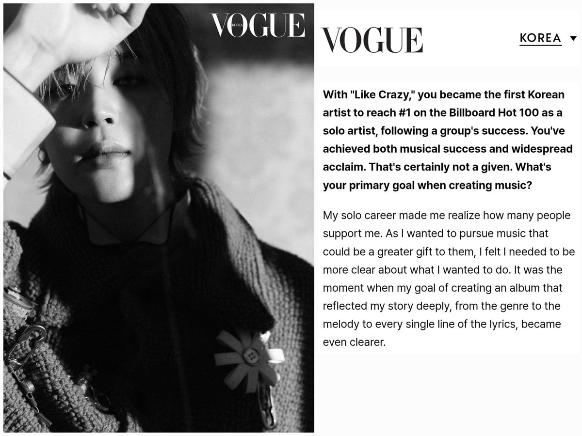 JiminEffectUSA's tweet image. Vogue Korea has published their interview with Jimin.  It's so good! 

"My solo career made me realize how many people support me. As I wanted to pursue music that could be a greater gift to them, I felt I needed to be more clear about what I wanted to do. It was the moment when…