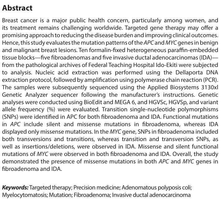 CP_ASP_'s tweet photo. 🔍 Article Highlight | Now Online
Type: ORIGINAL RESEARCH ARTICLE
👉Title: Genetic alterations of APC and MYC in fibroadenoma and invasive ductal adenocarcinoma: Implications for pathogenesis and personalized gene therapy
🔗 Read more: https://t.co/EQwvo6lDXY
#TargetedTherapy https://t.co/knTIZ1Oxse