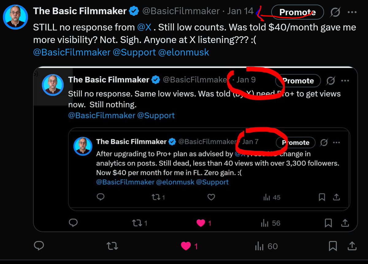 BasicFilmmaker's tweet image. Incredable! Now 11 days and no response or help. Paying customer. :(
@X @Support @elonmusk #share