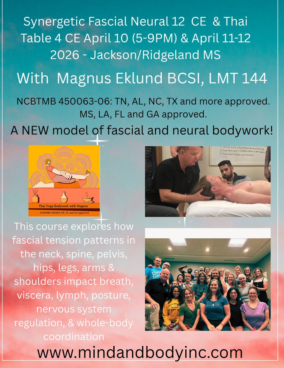 Join Magnus Eklund in Jackson/Ridgeland MS for a highly educational manual fascial techniques course! A blend of ancient bodywork and cutting edge fascial network organization with an advanced manual practitioner with 30 years experience in the massage therapy industry! #fascia