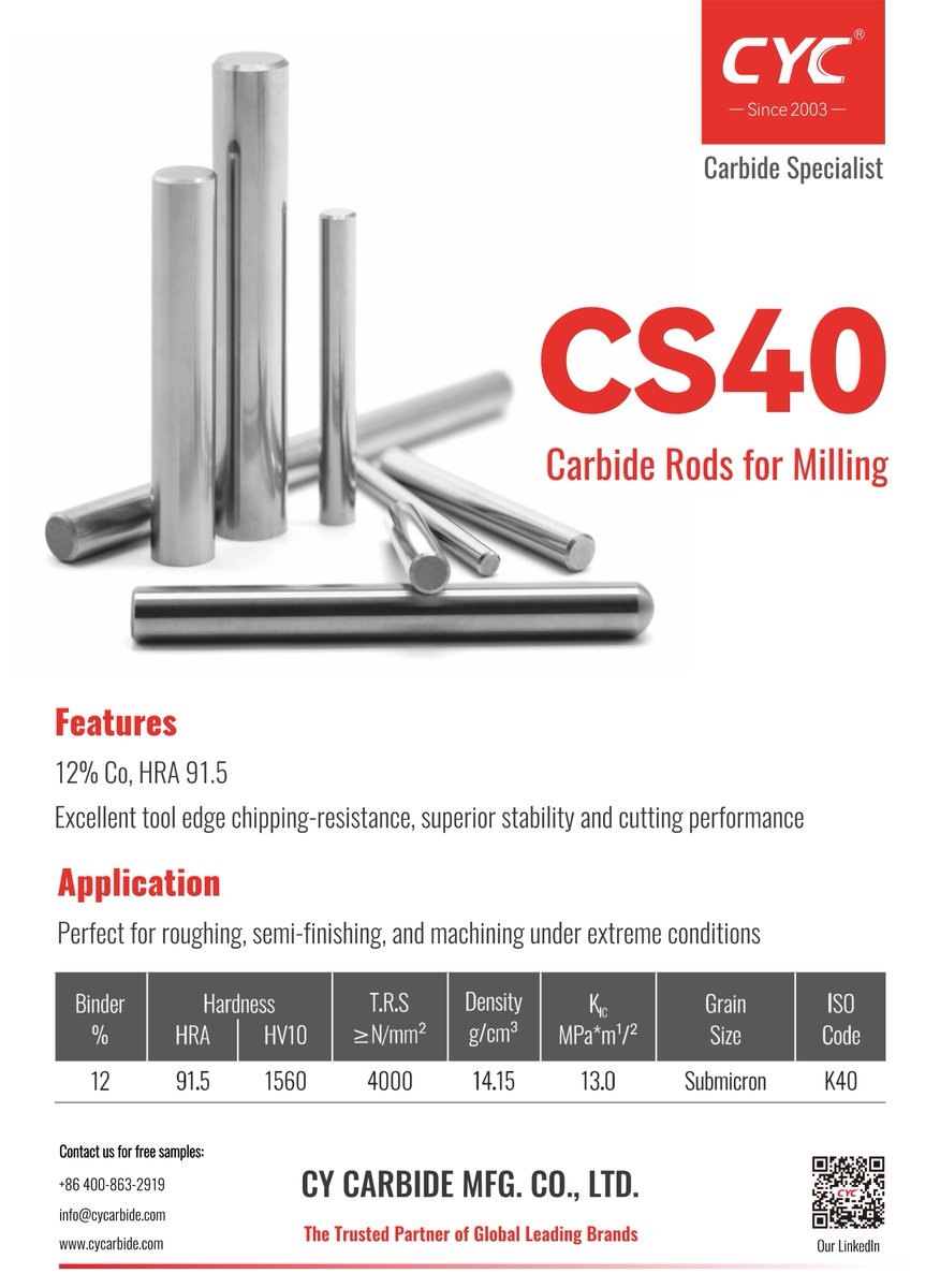 carbide_cy's tweet image. Meet Grade CS40 — carbide rods made for extreme machining.

Stable, chip-resistant, and ready for roughing &amp;amp; semi-finishing.
Details in the poster. DM for samples or a quote.

#Carbide #MillingTools #CYCarbide #Hardmetal #Machining #ToolLife #carbiderods #metalworking