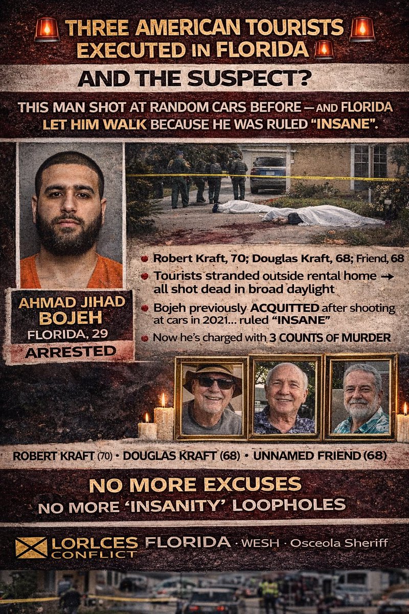 🚨 THREE AMERICAN TOURISTS EXECUTED IN FLORIDA 🚨

And the suspect?
A man who was previously acquitted for SHOOTING at random cars because he was ruled “insane.”
Florida let him walk. Now three innocent men are dead.
According to reports:
• Three senior tourists — two brothers