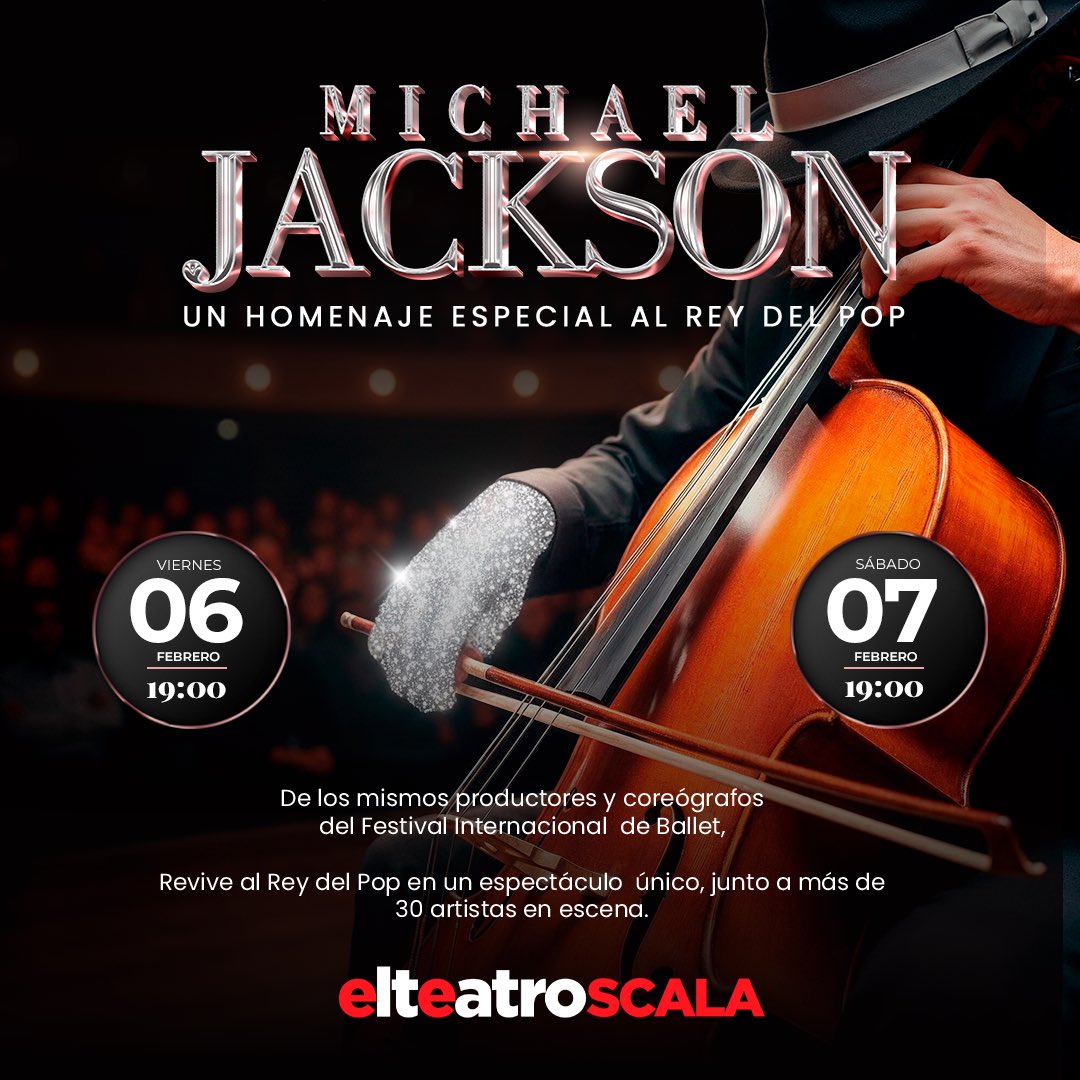 ¡Revive la magia del Rey del Pop como nunca antes!✨
¿Te imaginas escuchar Billie Jean, Thriller o Bad… con orquesta en vivo? 🎻

📅 Viernes 6 y sábado 7 de febrero | 19:00
📍 elteatro del <a href="/ScalaShopping/">Scala Shopping</a> 
🌐 tickets.elteatro.com.ec | 📱 0995551854 | 🎟️ Boleterías