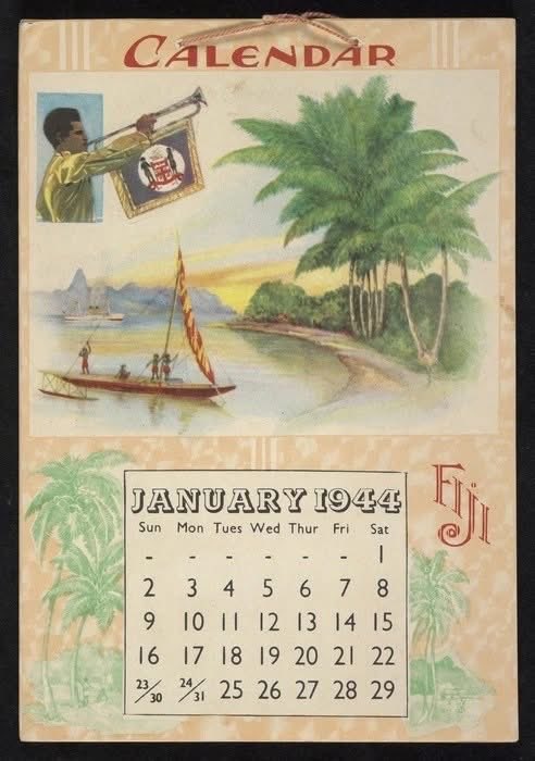 fijihistory's tweet photo. Source: fiji through the ages FB page 

Calendar Fiji 1944.

Photo Credit: Calendar Fiji [for 1944]. Ref: Eph-A-FIJI-1944-01. Alexander Turnbull Library, Wellington, New Zealand. /records/37736872

#fijihistory #teamfiji https://t.co/EVvZeJIYgp