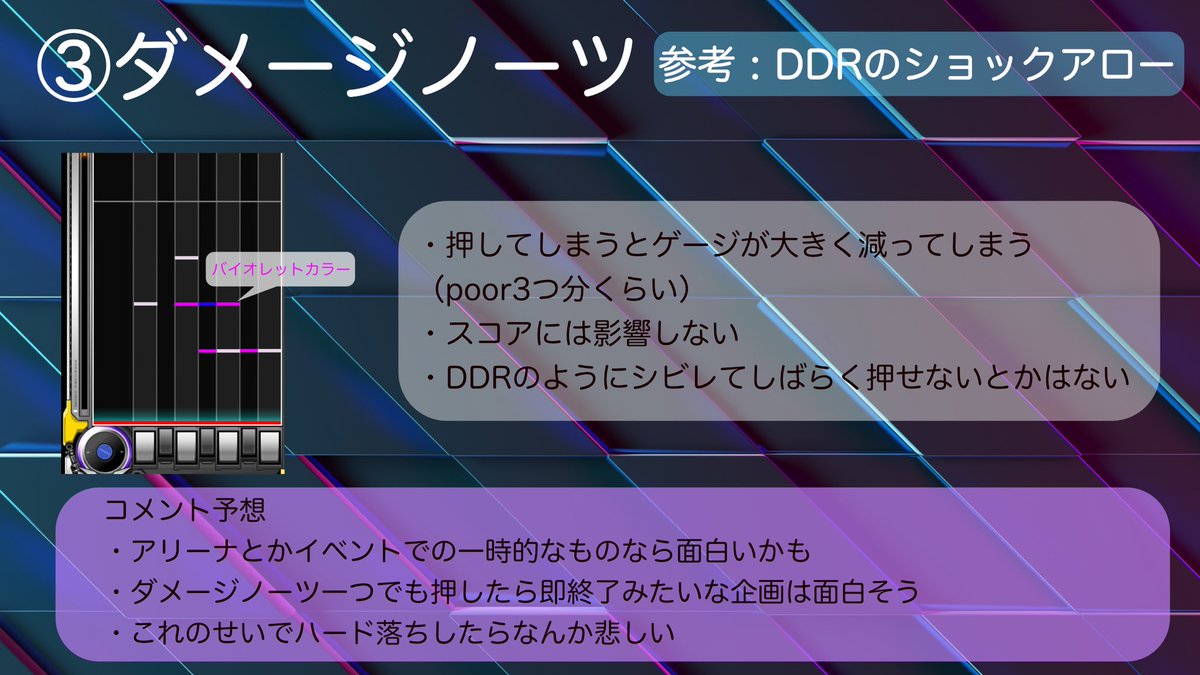 eleggandbready's tweet image. ⭐︎賛否両論⭐︎
BeatmaniaIIDX 新ノーツ考えてみた!!!!

①連打ノーツ
②ワイドノーツ
③ダメージノーツ
④ステルスノーツ

他にもアイデアとかコメントあれば教えてもらえると嬉しいです‼︎