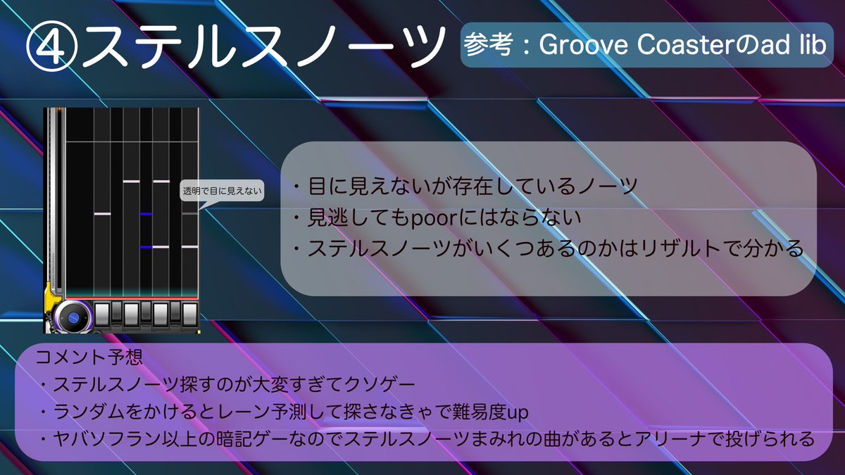 eleggandbready's tweet image. ⭐︎賛否両論⭐︎
BeatmaniaIIDX 新ノーツ考えてみた!!!!

①連打ノーツ
②ワイドノーツ
③ダメージノーツ
④ステルスノーツ

他にもアイデアとかコメントあれば教えてもらえると嬉しいです‼︎