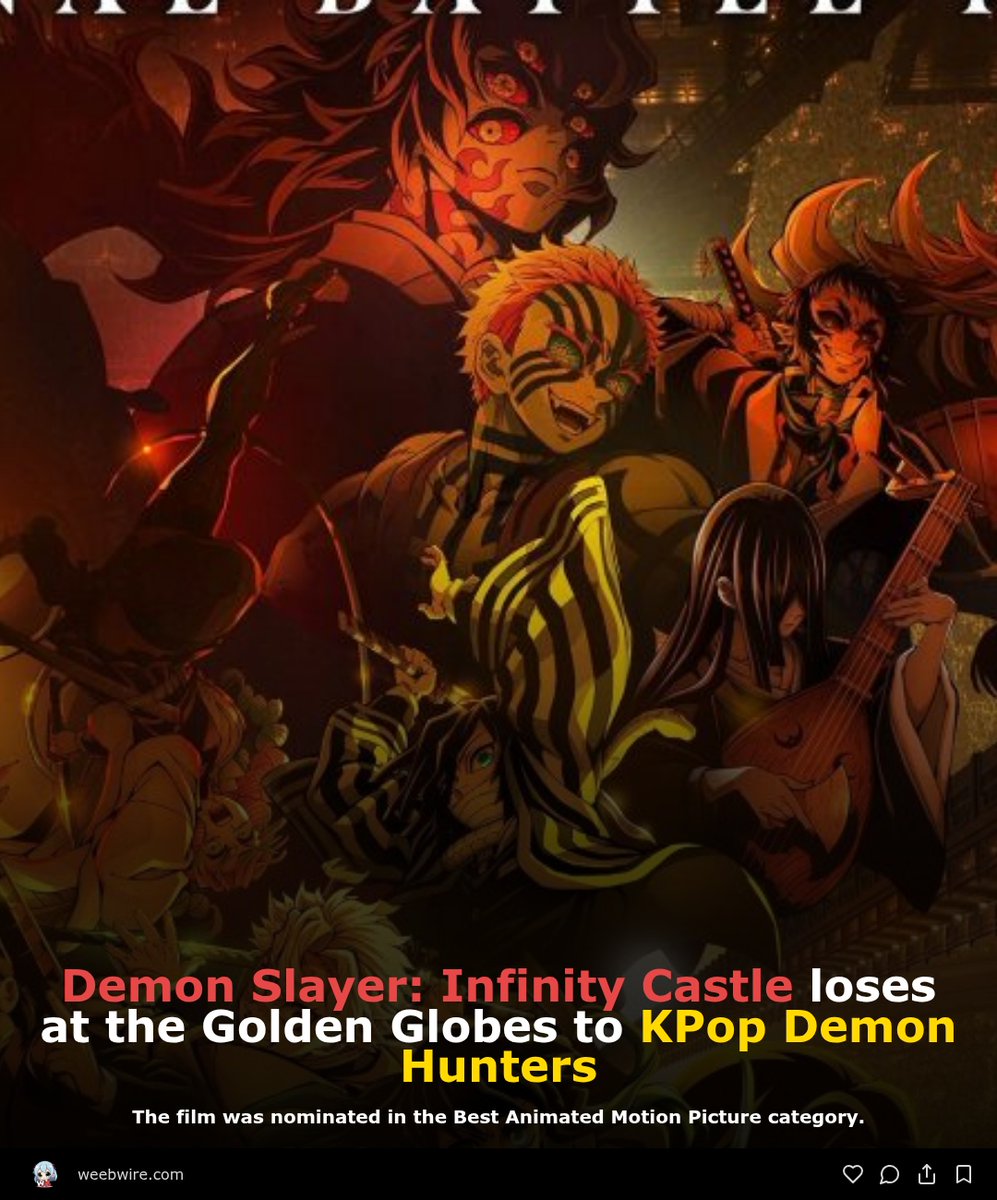 weeb_wire's tweet image. 🔗 weebwire.com/news/demon-sla…

#DemonSlayer #InfinityCastle #GoldenGlobes #AnimeAwards #KPopDemonHunters #KimetsuNoYaiba