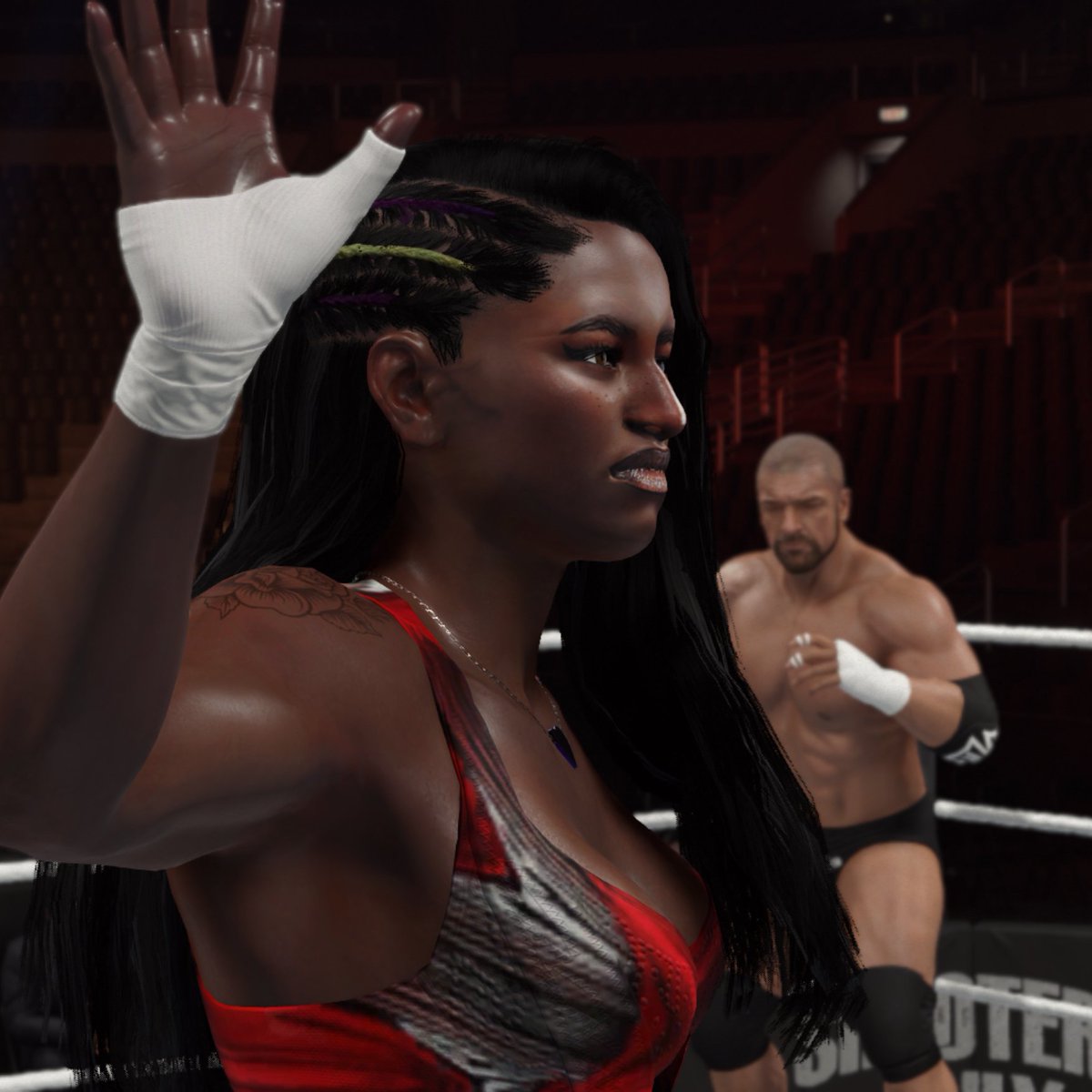 khkreator's tweet image. “𝗟𝗶𝘀𝘁𝗲𝗻 𝘁𝗼 𝗺𝗲 𝗻𝗼𝘄, 𝗜'𝗺 𝗹𝗮𝘀𝘁𝗶𝗻' 𝘁𝘄𝗲𝗻𝘁𝘆 𝗿𝗼𝘂𝗻𝗱𝘀”
[Revamped Natalie Payne - Road to 2K26]

Big Thanks to @AMSierra for making the face texture, she's so goated as always!

#WWE2K25 #CAW