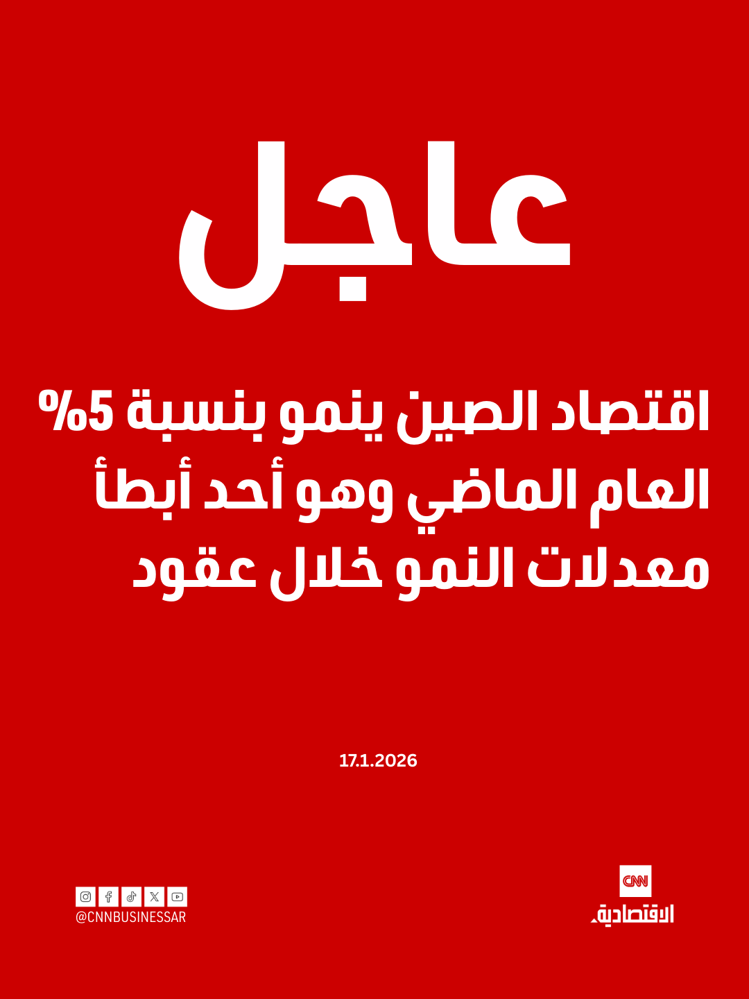 عاجل | أعلنت بكين يوم الاثنين أن الاقتصاد الصيني نما بنسبة 5% في عام 2025، وهو أحد أبطأ معدلات النمو منذ عقود، في ظل معاناته من انخفاض مستمر في الإنفاق الاستهلاكي وأزمة ديون في قطاع العقارات.. وحدد القادة هدفاً للنمو بـ"نحو 5%" للعام الماضي، بعد ارتفاع مماثل بنسبة 5% في عام 2024.. ونما الاقتصاد بنسبة 4.5% بين أكتوبر وديسمبر من العام الماضي، بما يتماشى مع التوقعات، لكنه شهد تباطؤاً كبيراً مع اقتراب نهاية العام 