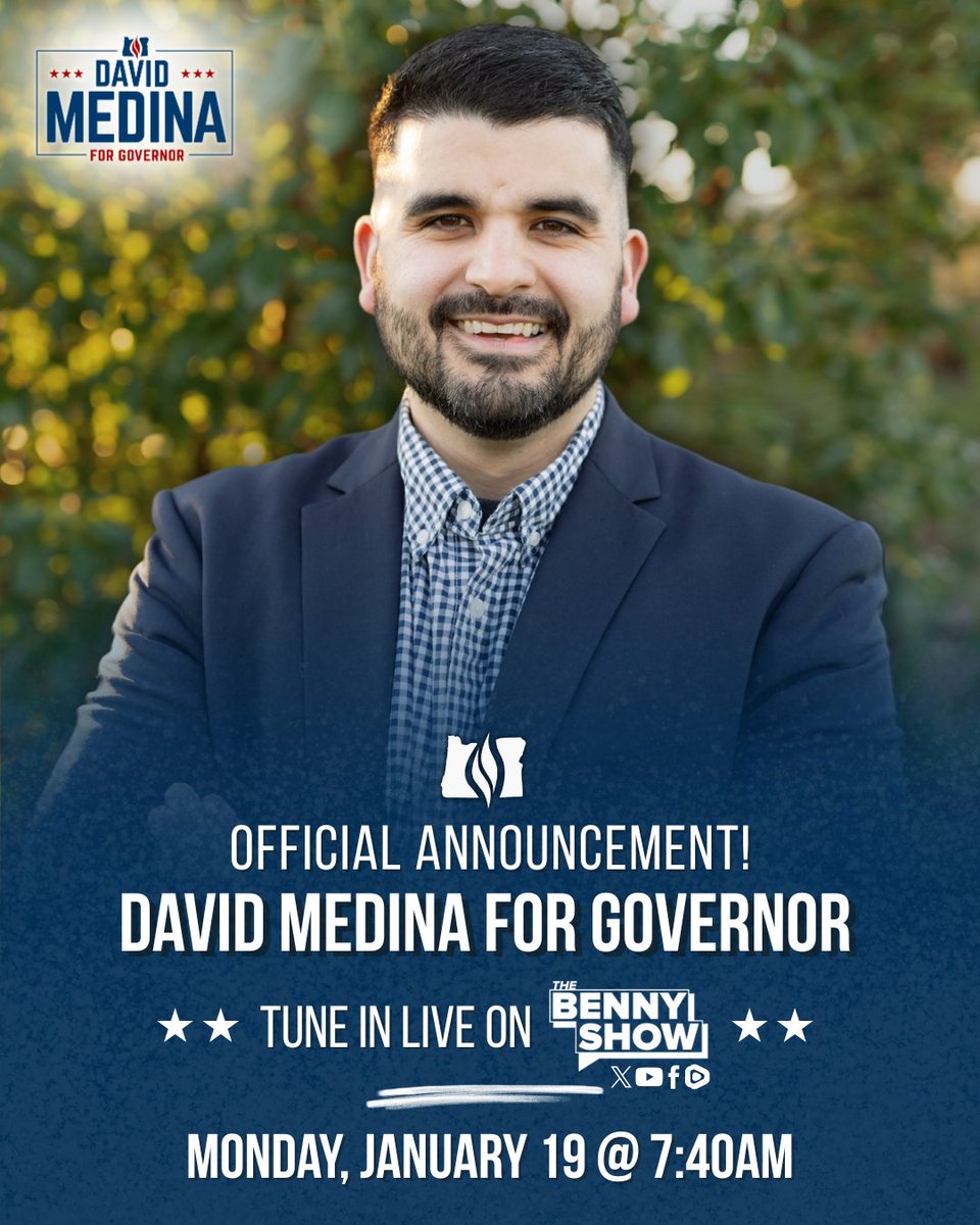 davidmedinapdx's tweet image. 🚨 TOMORROW MORNING!

Oregon, it's time. On Monday morning I'll officially announce my candidacy for Governor of the GREAT State of Oregon LIVE on the @bennyjohnson show at 7:40am PT!

@GovTinaKotek &amp;amp; @ORDems, your oppressive rule over the people of Oregon is coming to an END.…