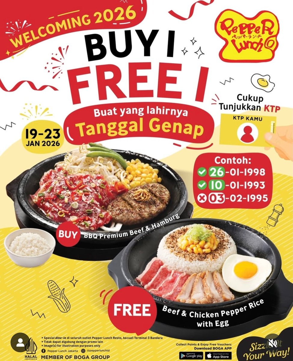 kimmyexp's tweet image. BUY 1 GET 1 PEPPER LUNCH ‼️🍛

🗓️19-23 Januari 2026

khusus yang lahirnya tanggal genap✅