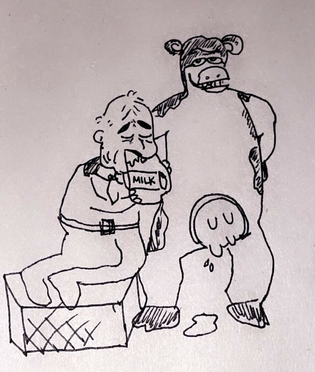 SentientRamen's tweet photo. My drawing of RFK Jr having an affair with Otis from barnyard, pen on paper, 2026 #milk https://t.co/tE9PQYdB9A