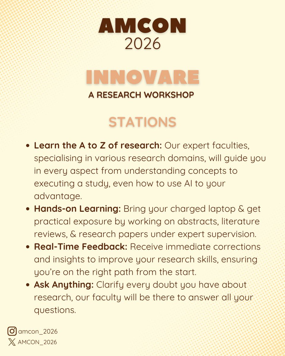 AMCON_2026's tweet photo. Presenting our eighth workshop of AMCON 2026:

Innovera - A Research Workshop

Research lies at the heart of medicine, and building strong research skills can set you apart in your career. This workshop equips you with essential knowledge and practical tools to approach research. https://t.co/cKRdC0lzig
