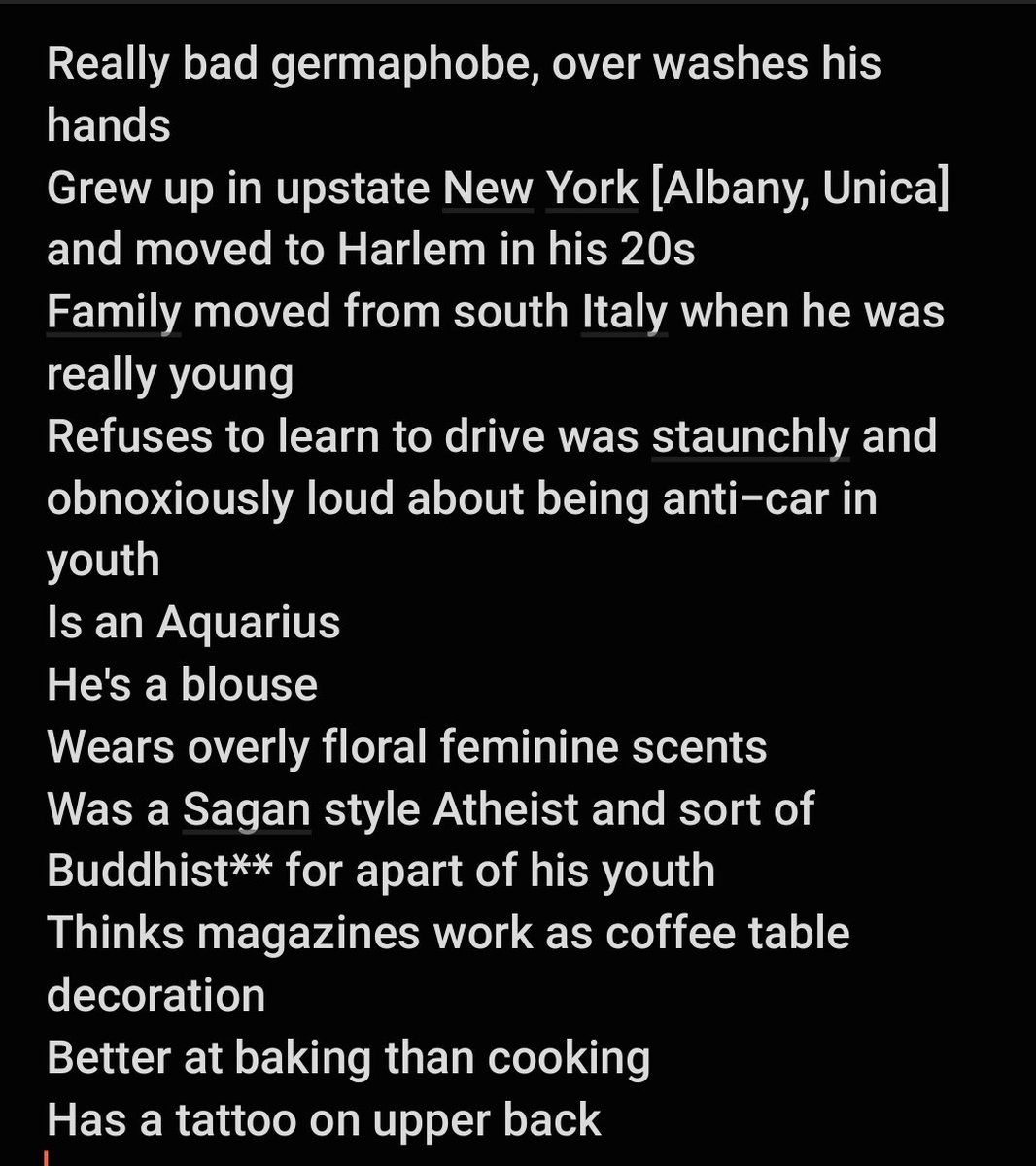 qindlass's tweet image. Unserious Aldo Bellini headcannons from my notes app