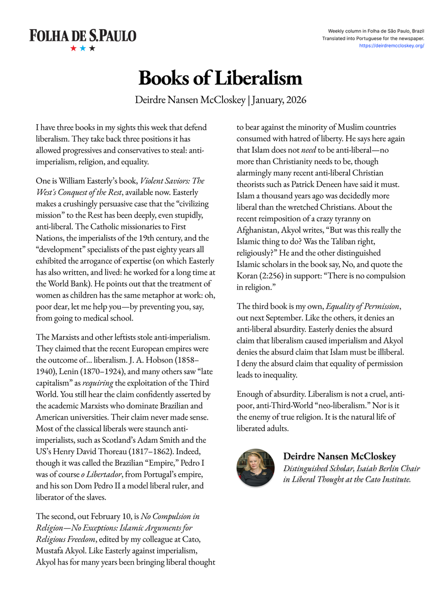 I have three books in my sights this week that defend liberalism. 

They take back three positions it has allowed progressives and conservatives to steal: anti-imperialism, religion, and equality.

My latest column for <a href="/folha/">Folha de S.Paulo</a>
