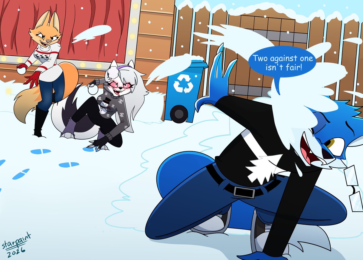A commission for <a href="/PabloBlueWolfVA/">PabloTheBlueWolf/Impressionist☘️💣</a> A drawing of his fursona in a snowball fight with Loona and Diane! Two against one isn't really fair. lol