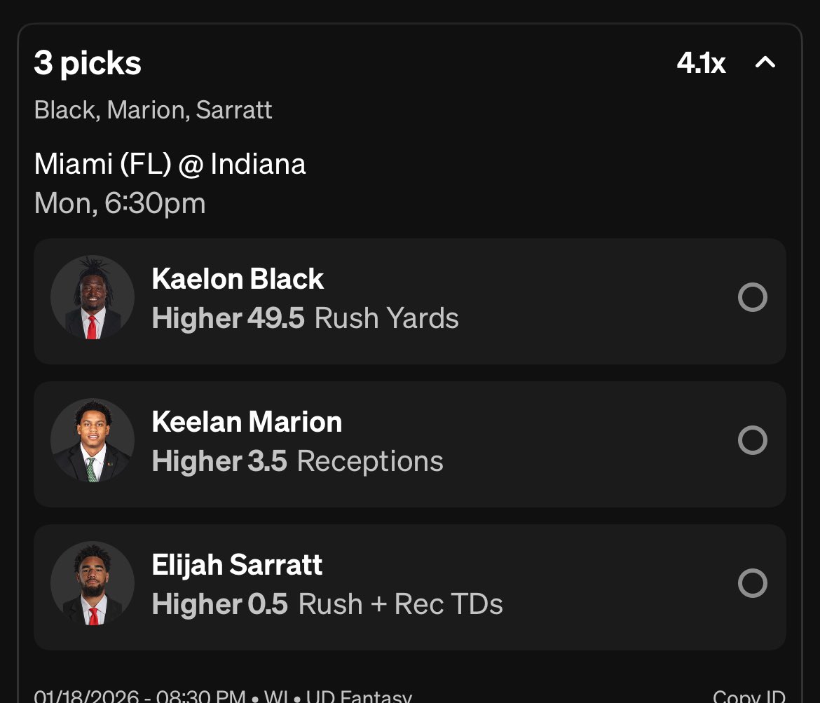 CoinofCollect's tweet image. CFB National Championship Props

4.1X💰
3-Leg parlay
 
Black being dominant in rushing game but also miami does have a great rush Defense so I lowered line. Marion will be found a lot if miami trail and WR1 will be held tight so he will be found as the other option.Sarret td=free