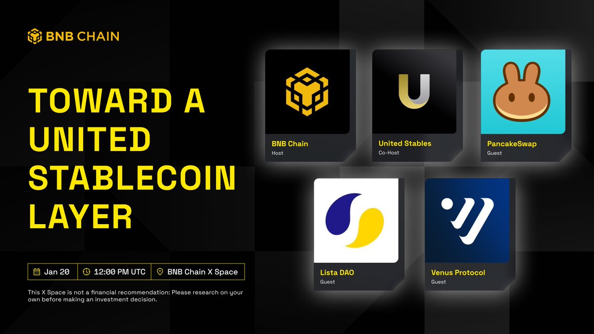 BNBCHAIN's tweet image. We're going live with @UTechStables 🎙️

Join our X Spaces to learn how United Stables is building toward a united stablecoin layer, together with guests @PancakeSwap, @lista_dao &amp;amp; @VenusProtocol!

🗓️ 20 Jan, 12PM UTC
🔗 x.com/i/spaces/1ZkKz…