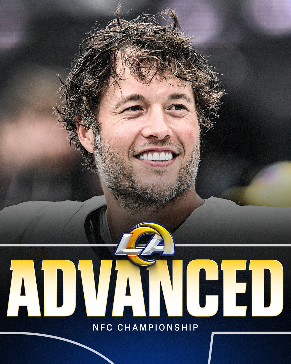 SportsCenter's tweet image. STAFFORD AND THE RAMS ARE BACK IN THE NFC CHAMPIONSHIP 😤 

The Rams advance to the NFC championship game for the first time since the 2021 season, when they won the Super Bowl.