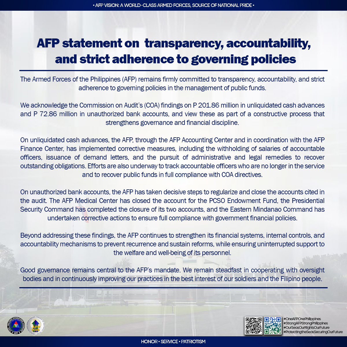 AFP statement on transparency, accountability, and strict adherence to governing policies

#AFPyoucanTRUST
#OneAFPOnePhilippines
#StrongAFPStrongPhilippines
#OurSeasOurRightsOurFuture
#AFPat90
#MatatagNaSandigan 🫡🇵🇭
