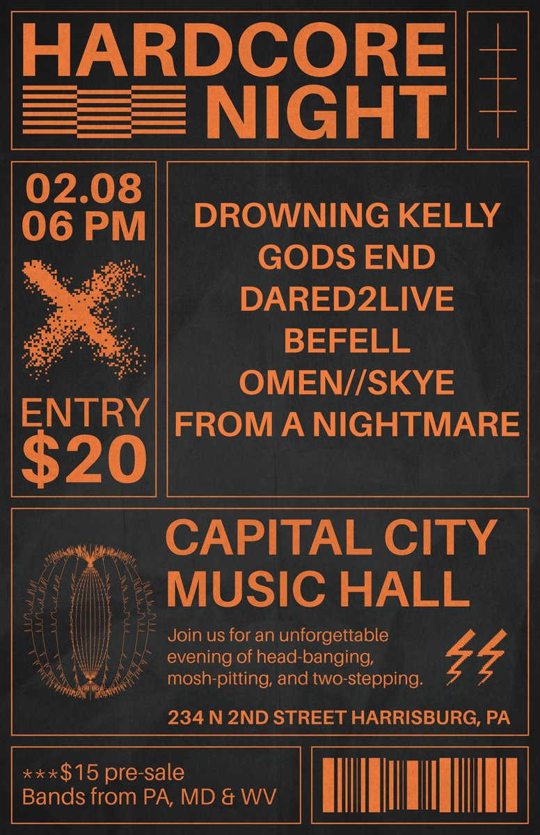 From_Anightmare's tweet photo. Two new show announcements! 
Sunday February 8th we’re coming to capital city music hall!  Let’s go PA friends. 

Then March 6th we’re back in Maryland at Morsebergers for a special night.  We get to share the stage twice with Omen Skye our friends and a stacked lineup . Let’s go https://t.co/yFUmhgTOiB