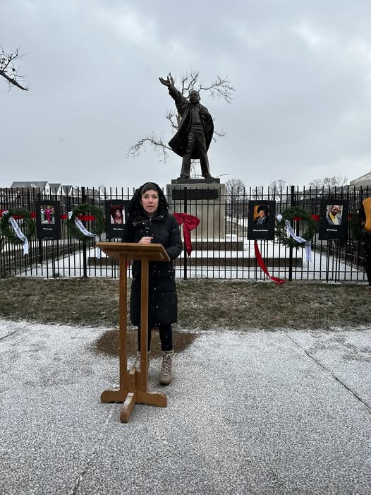 Re-dedicating the MLK JR statue at Fountain Park after the May 16th tornado. The mayor Cara Spencer speaks to the crowd in West End STL. Image by Filmmaker Brian K. Young