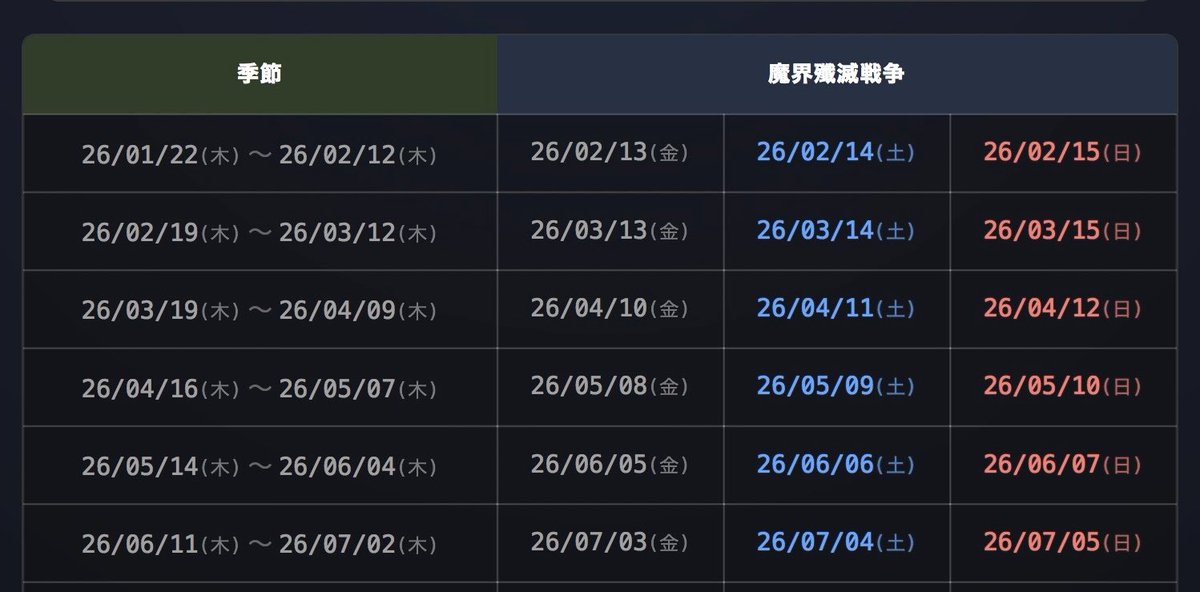 【魔界殲滅戦争日程】
次回　：02/13〜02/15
その次：03/13～03/15
#カゲマス
sg-kage.github.io/kage_site/%E6%…