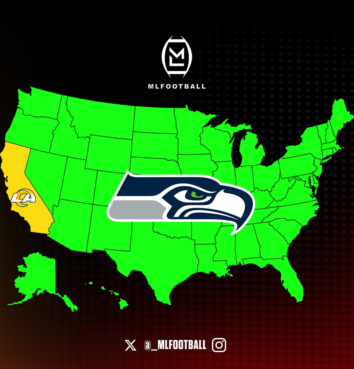 MLFootball's tweet image. MAP OF WHO THE ENTIRE USA IS ROOTING FOR IN THE #RAMS - #SEAHAWKS NFC CHAMPIONSHIP GAME: