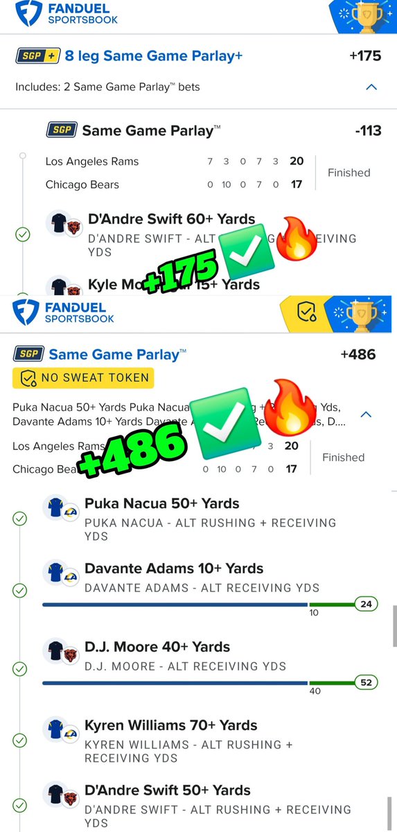 Four plays posted today, two cashed! 🤑
let's Recap shall we?

Chicago Bears 
Los Angeles Rams 
Live Halftime 🔴  
+486 ✅️💲

Chicago Bears
Chicago Bulls 
NBA/NFL mix ⚔️
+174 ✅️💲

Draftkings 
5 pick parlay +197
 off by one ❌️

9 pick parlay
Draftkings money flip +146 ❌️