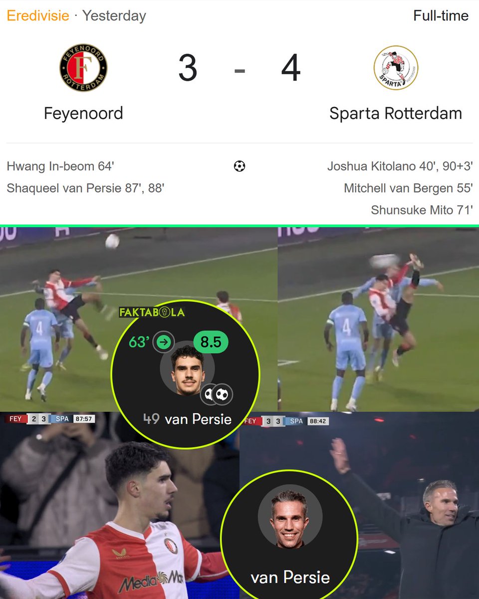 FaktaSepakbola's tweet image. Dari Liga Belanda. Pelatih Feyenoord, Robin Van Persie, memasukkan striker muda Feyenoord yakni Shaqueel Van Persie (19 tahun) pada menit 63'.

Shaqueel cetak 2 gol cantik. Gol backheel menit 87', dan bicycle-kick menit 88'. 🔥 Awalnya skor 1-3, berubah jadi sama 3-3.

Meski sang…