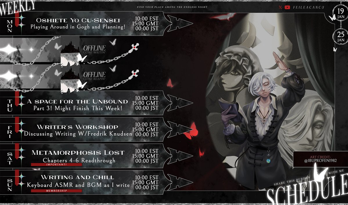 FeileacanCu's tweet image. Schedule for 01/19 - 01/25 It's Metamorphin' Time!

🦋Hashtags🐕
LIVE: #OshieteYoCuSensei
Art: #FeileaCanvas
Thumbnails: #Cuuticle
Clips: #FeileaVision