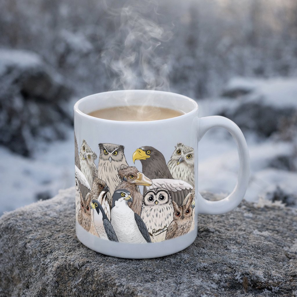 「猛禽ぎゅうぎゅうシリーズ」のマグカップがとても好評です！

シマフクロウ親善大使のちびや義嘴を使うオジロワシのベックも描かれた従来の絵柄に加えて、今年は『もうきん幼稚園』さながらにヒナや若鳥が“ちとせちゃん”とともに描かれた猛禽『ぴよ』ぎゅうぎゅうマグが初お目見え！