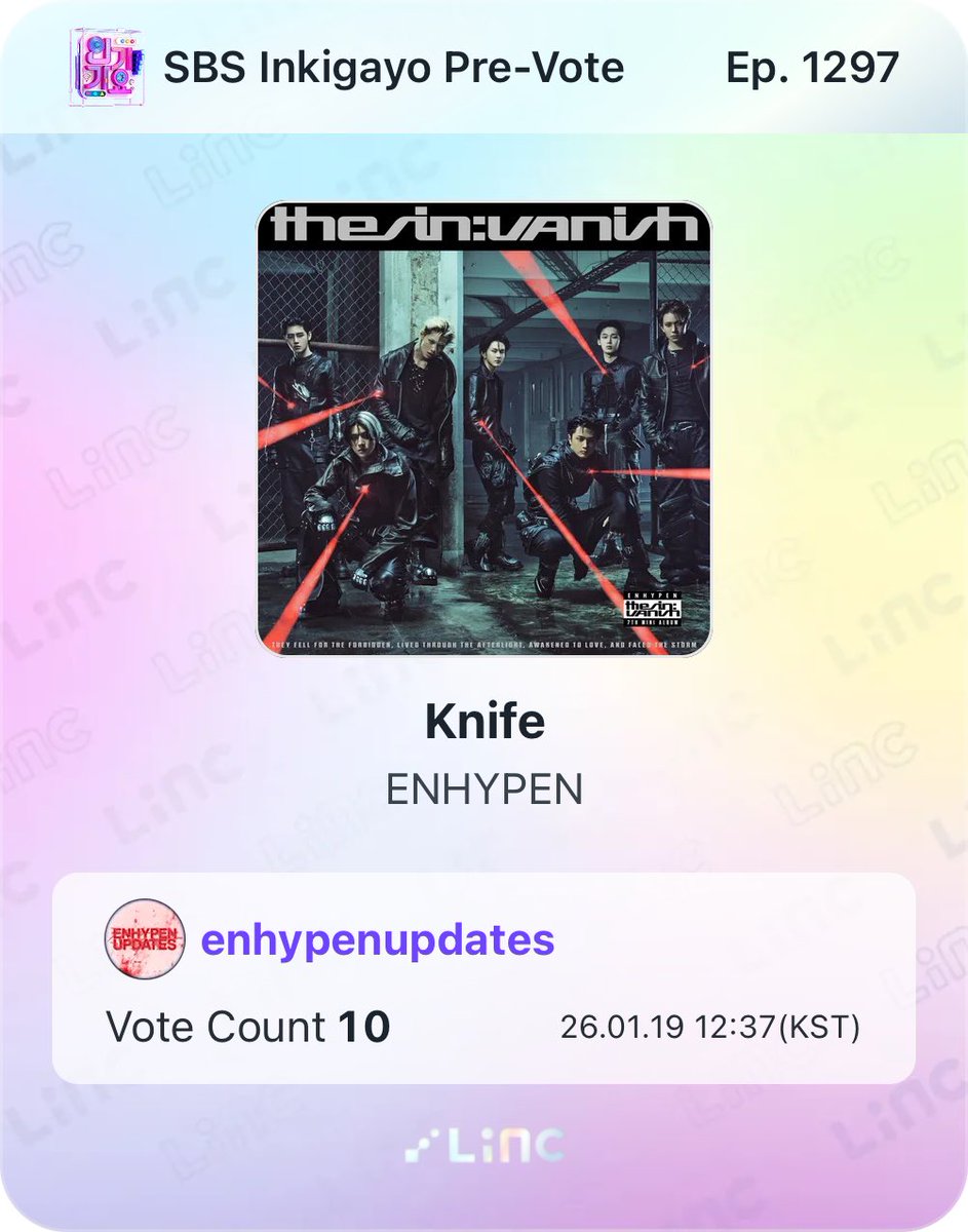 ‘Knife’ is nominated on Inkigayo’s Pre-voting (LiNC app)!

Voting ends on January 23, 11:59 PM KST.

<a href="/ENHYPEN_members/">ENHYPEN</a> <a href="/ENHYPEN/">ENHYPEN OFFICIAL</a> #ENHYPEN #엔하이픈 #THE_SIN_VANISH #EN_Knife
