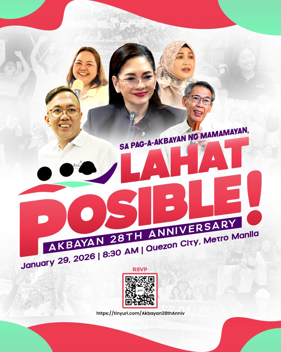 AkbayanParty's tweet photo. 𝗟𝗔𝗛𝗔𝗧 𝗣𝗢𝗦𝗜𝗕𝗟𝗘! 𝗟𝗔𝗛𝗔𝗧 𝗣𝗨𝗪𝗘𝗗𝗘𝗡𝗚 𝗦𝗨𝗠𝗔𝗟𝗜! 

Para sa pagdiriwang ng ika-28 anibersaryo ng Akbayan, imbitado ka! Isang selebrasyon ng pagkakaisa, pag-asa, at patuloy na pakikibaka para sa makatao at makatarungang lipunan.

Mag-register lamang upang masiguro ang iyong pagdalo at maging bahagi ng makasaysayang pagtitipon. Sama-sama nating patunayan na kapag nag-aakbayan, lahat posible! ✊🫂

To register, scan the QR or simply click this link: 
https://t.co/JogFtCBXDO
https://t.co/JogFtCBXDO
https://t.co/JogFtCBXDO

#AkbayanPartylist