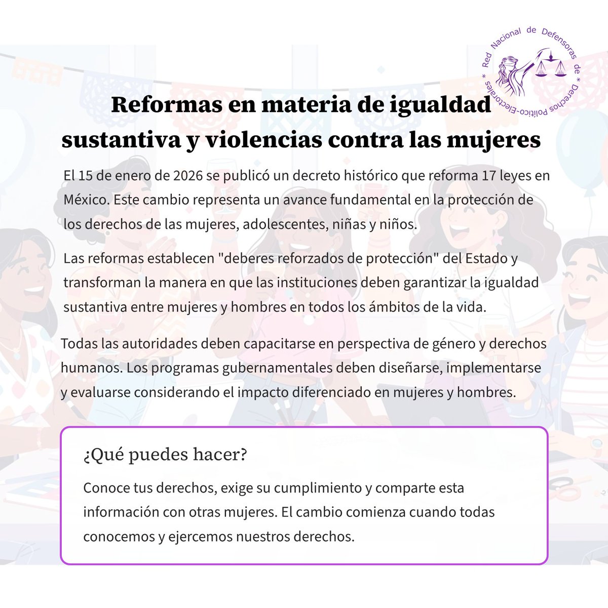 Addy_LDeC's tweet photo. El 15 de enero de 2026 se publicó un decreto histórico que reforma 17 leyes en México en materia de igualdad sustantiva y violencias contra las mujeres. Este cambio representa un avance fundamental en la protección de los derechos de las mujeres, adolescentes, niñas y niños. https://t.co/kz9LA5M13K