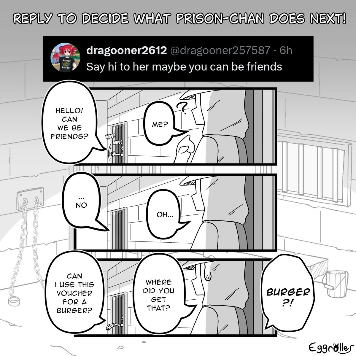 PrisonChan's tweet image. The guard thought she wanted to be friends bro 😭

Reply to decide what Prison-chan does next!