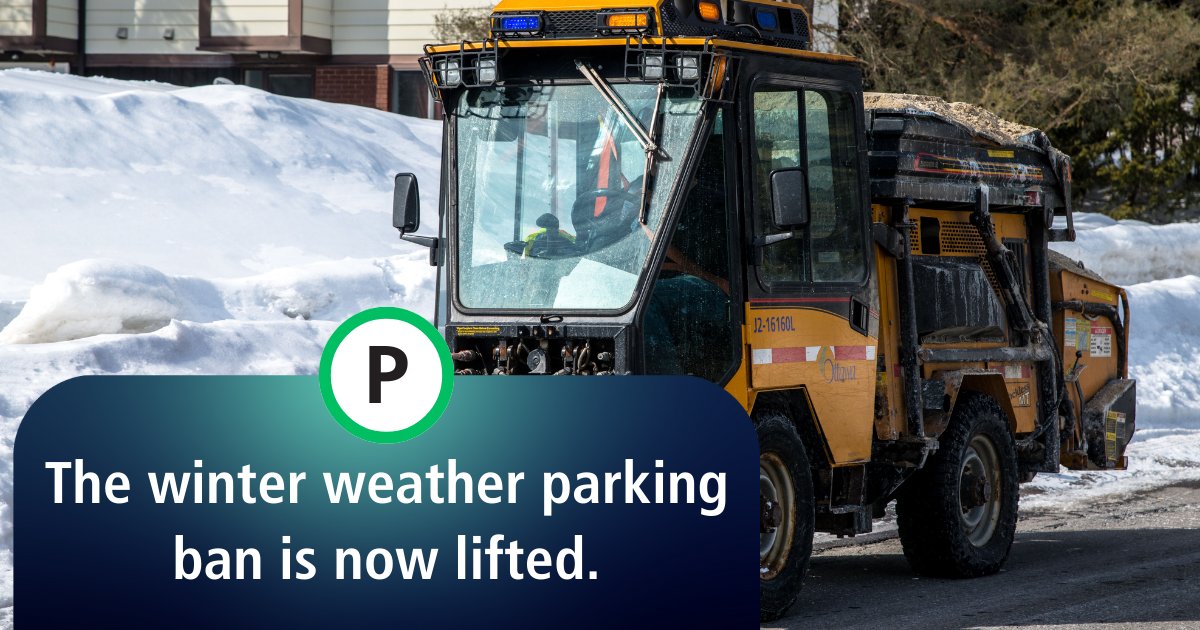 The winter weather parking ban is now lifted. 

Thanks, #OttCity, for your cooperation during the parking ban. Moving your vehicles allows us to be more efficient in our operations.

bit.ly/4qMFBy3