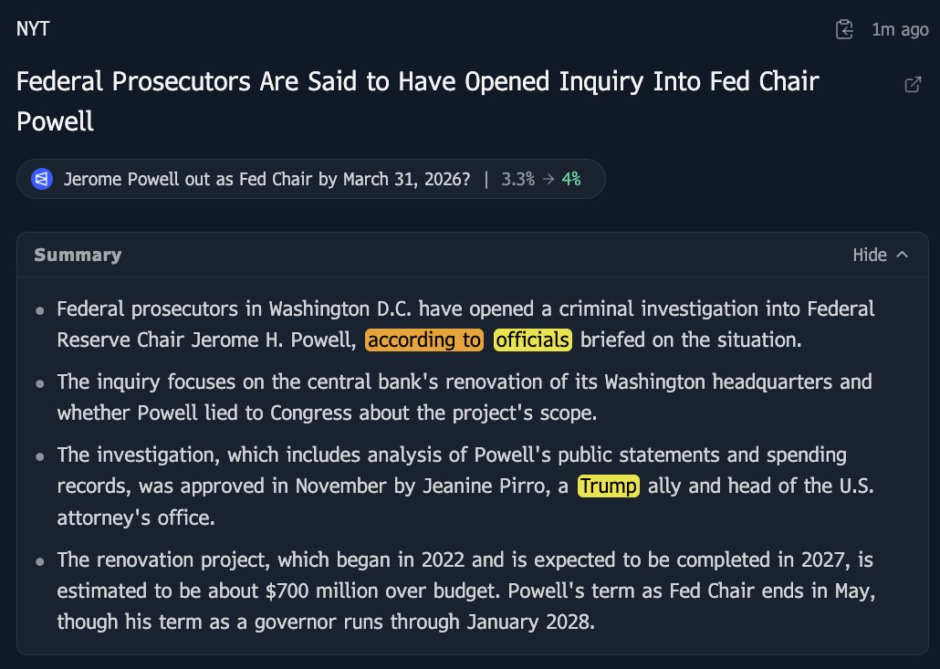 《纽约时报》报道：联邦检察官据称已对美联储主席鲍威尔启动调查