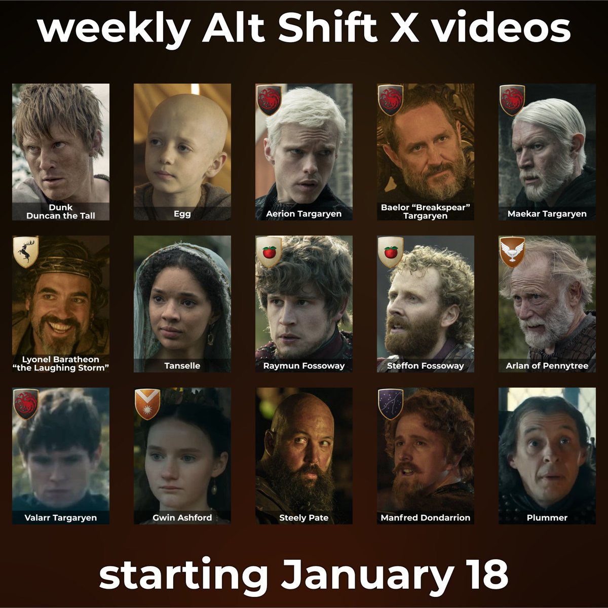 AltShiftX's tweet image. Alt Shift X will make weekly videos about A Knight of the Seven Kingdoms, starting next week!

Also, we'll do Q&amp;amp;A livestreams every week, at about 10:40pm Eastern Time Sundays.

AND, Alt Schwift X and Glidus discuss each episode in "Dunk Time" – listen early on Nebula.