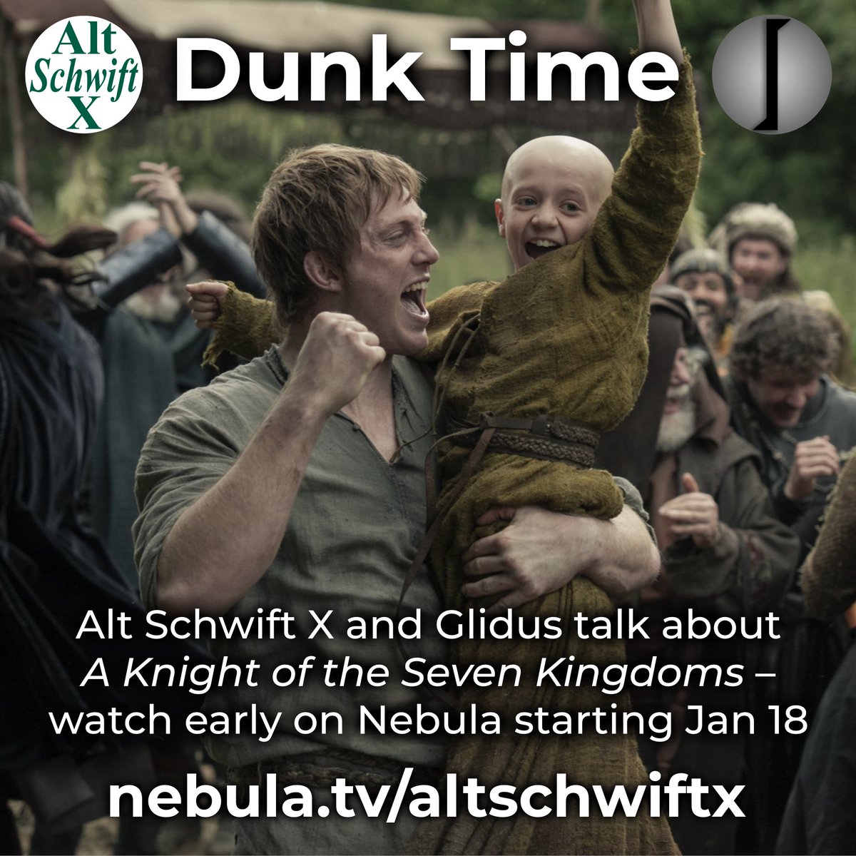 AltShiftX's tweet image. Alt Shift X will make weekly videos about A Knight of the Seven Kingdoms, starting next week!

Also, we'll do Q&amp;amp;A livestreams every week, at about 10:40pm Eastern Time Sundays.

AND, Alt Schwift X and Glidus discuss each episode in "Dunk Time" – listen early on Nebula.