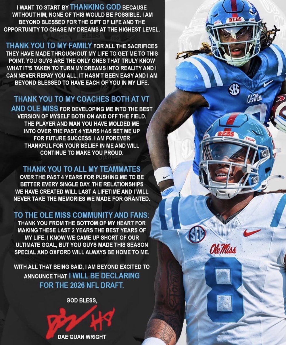 SSN_OleMiss's tweet image. Star TE Dae’Quan Wright has declared for the 2026 NFL Draft.

Best of luck Dae’Quan! #HottyToddy