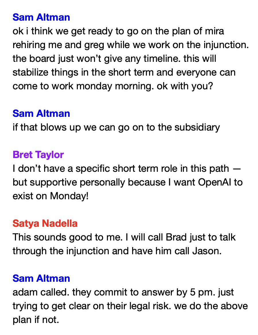 TechEmails's tweet image. Sam Altman texts Satya Nadella and Bret Taylor

November 19, 2023, 11:49 a.m. – 12:03 p.m.