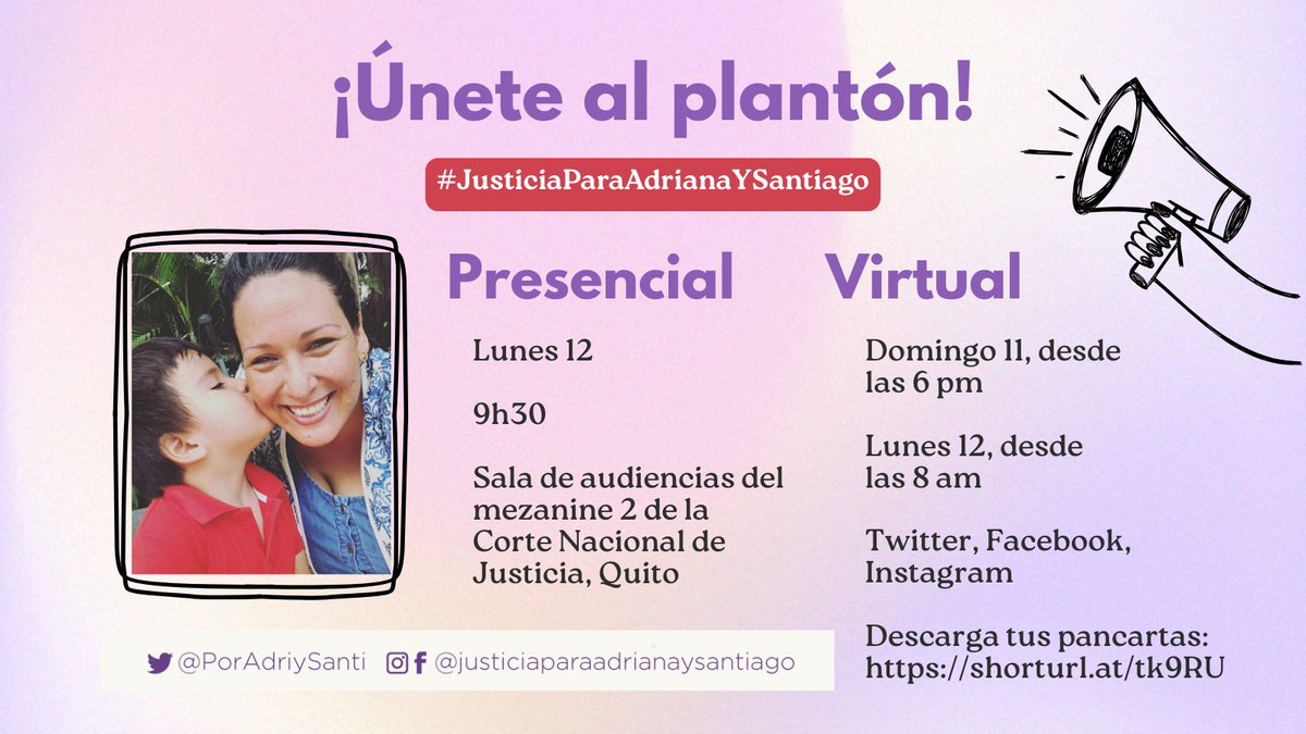 #JusticiaParaAdrianaYSantiago <a href="/CJudicaturaEc/">Consejo de la Judicatura</a> <a href="/MarioGodoyEc/">Mario Godoy</a> <a href="/Ppsuing/">Jose Suing Nagua</a> <a href="/CorteEcuador/">Corte Nacional de Justicia del Ecuador</a> <a href="/PorAdriySanti/">Justicia Para Adriana y Santiago</a>