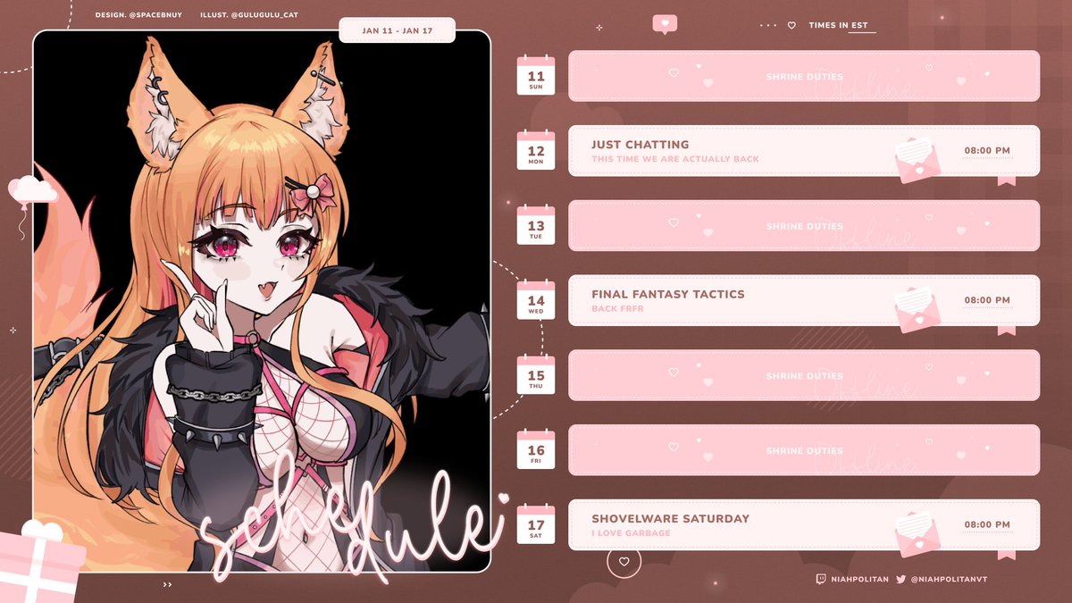 ‿︵ʚ˚̣̣̣͙ɞ SCHEDULE TIME ʚ˚̣̣̣͙ɞ‿︵ 
YES IM BACK FOR REAL THIS TIME THE PC IS ALIVE AND SO AM I
🍨I PROMISE IM BACK ITS YAP TIME
🍨resuming FR the tactics gameplay w/ @ellionsyn
🍨starting our garbage adventure with some shovelware

#Vtuber / #ENVtuber