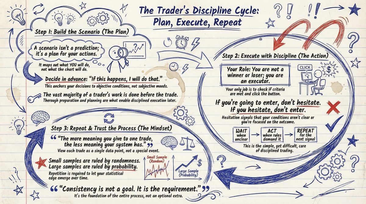 Build an "If this happens, then do this" scenario upfront, then execute it.

You don't need the desire to win or to avoid losing.

If you can execute the process exactly as the scenario dictates, stamp your card once.
Once you've collected 20 stamps, "one trade" is finished.