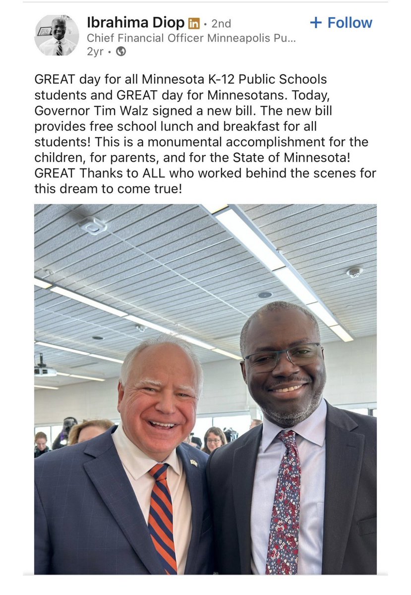 lizcollin's tweet image. MORE: Diop appears with Governor Walz while touting the free school lunch program on his LinkedIn page

The finance chief for Minneapolis schools is now on leave.