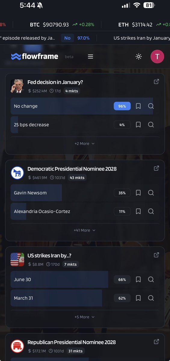 _flowty's tweet image. Biased but @flowframe_ easily has one of the best mobile prediction market UI out there right now