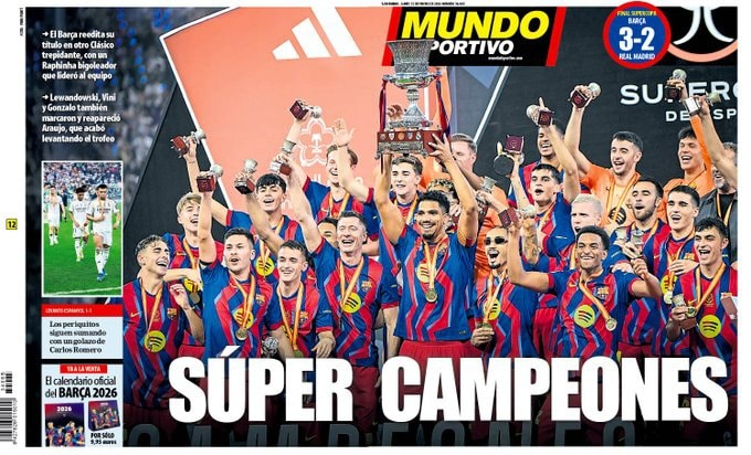 غلاف صحيفة موندو ديبورتيڤو | سوبر أبطال.. رافينيا قدّم مباراة كبيرة وقاد الفريق في ليلة التتويج.. ليفاندوفسكي وغونزالو سجلا، بينما قدّم لامين أداءً حاسمًا.. الفريق يواصل ترسيخ تفوقه المحلي ويبدأ العام بلقب جديد 
