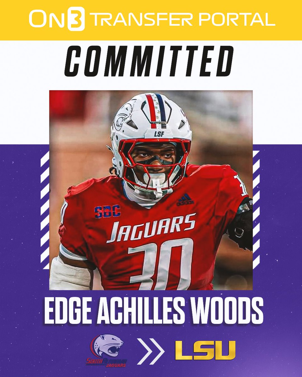 BREAKING: South Alabama transfer EDGE Achilles Woods has committed to LSU, <a href="/PeteNakos/">Pete Nakos</a> reports🐯

on3.com/college/lsu-ti…