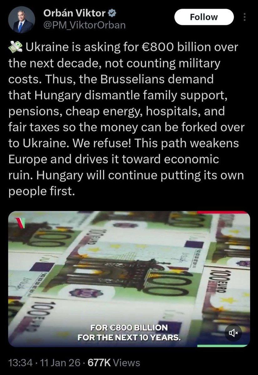 SprinterPress's tweet image. Ukraine demands 800 billion euros, which would mean Hungary abolishing the system of family support, pensions, cheap energy, and hospitals. We reject that!", said Prime Minister Viktor Orbán